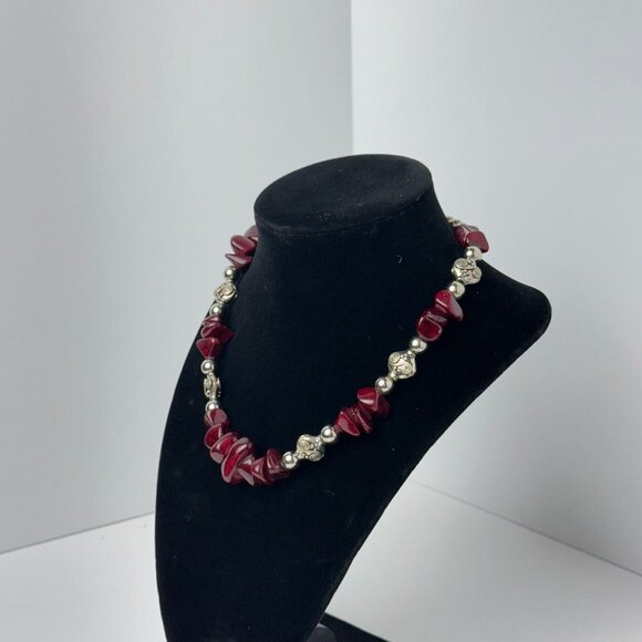I Silver Red Garnet Beaded Necklace 7.5" Toggle Clasp Fashion Jewelry - Picture 6 of 16